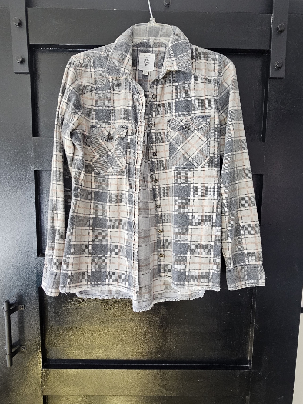 Billabong Women's Grey and Cream Plaid Button-Down Shirt
